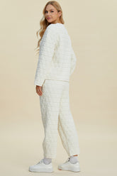 Double Take Full Size Texture Round Neck Long Sleeve Top and Pants Set OutfitFlow